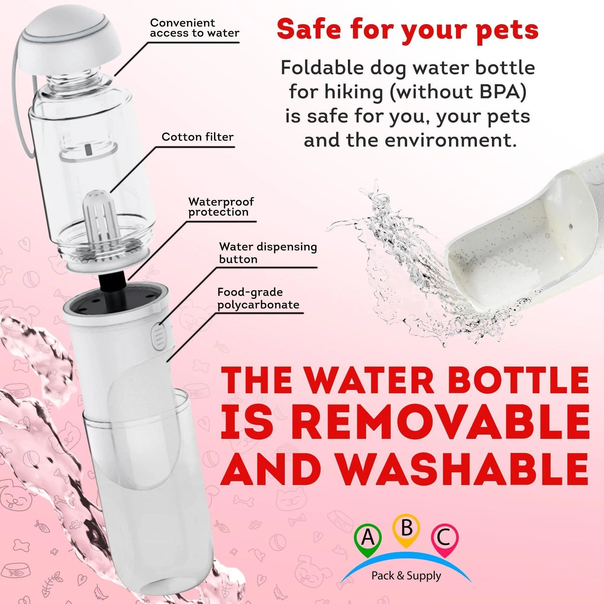 Portable Dog Water Bottle Dispenser 12 Oz 11.8 X 7.9 X 9.2 Inch Pet Water Bottles for Dogs on Walks ABS Dog Travel Water Bottle with Silicone Strap & Cotton Filter