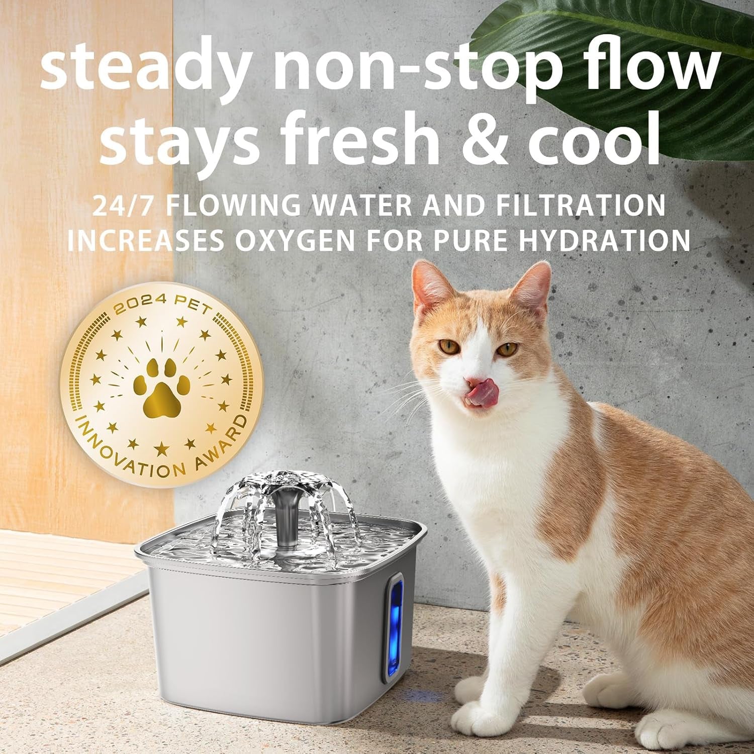Automatic Stainless Steel Cat Water Fountain, 3.2L Large Dog Water Dispenser, 108oz Quiet Pet Fountain with Silicone Mat and 3 Replacement Filters