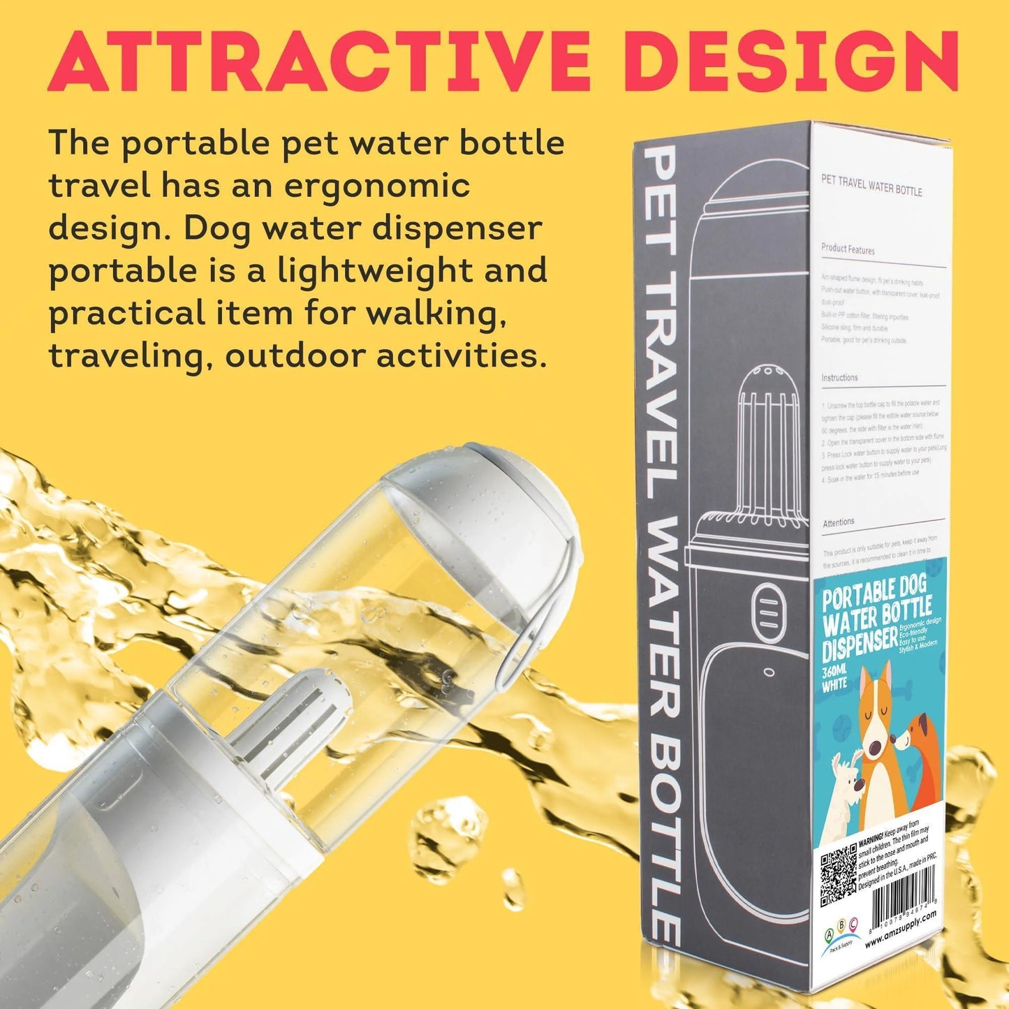 Portable Dog Water Bottle Dispenser 12 Oz 11.8 X 7.9 X 9.2 Inch Pet Water Bottles for Dogs on Walks ABS Dog Travel Water Bottle with Silicone Strap & Cotton Filter