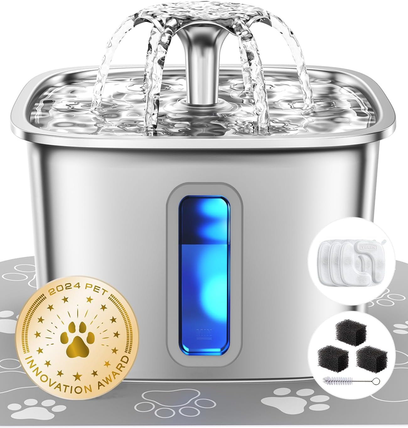 Automatic Stainless Steel Cat Water Fountain, 3.2L Large Dog Water Dispenser, 108oz Quiet Pet Fountain with Silicone Mat and 3 Replacement Filters