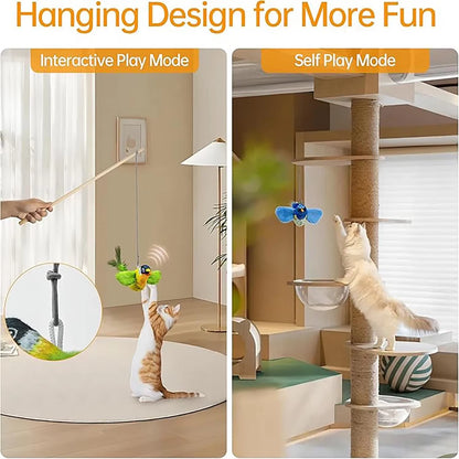 Blue and green chirping bird toy variants showing interactive wand play and hanging self-play modes for cats.