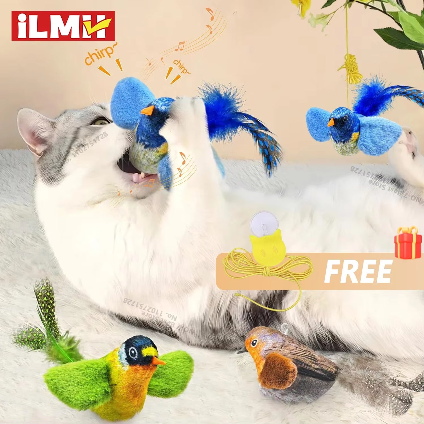Purely Pawsome™ blue chirping bird toy shown in action with a cat, featuring motion-activated realistic bird sounds.