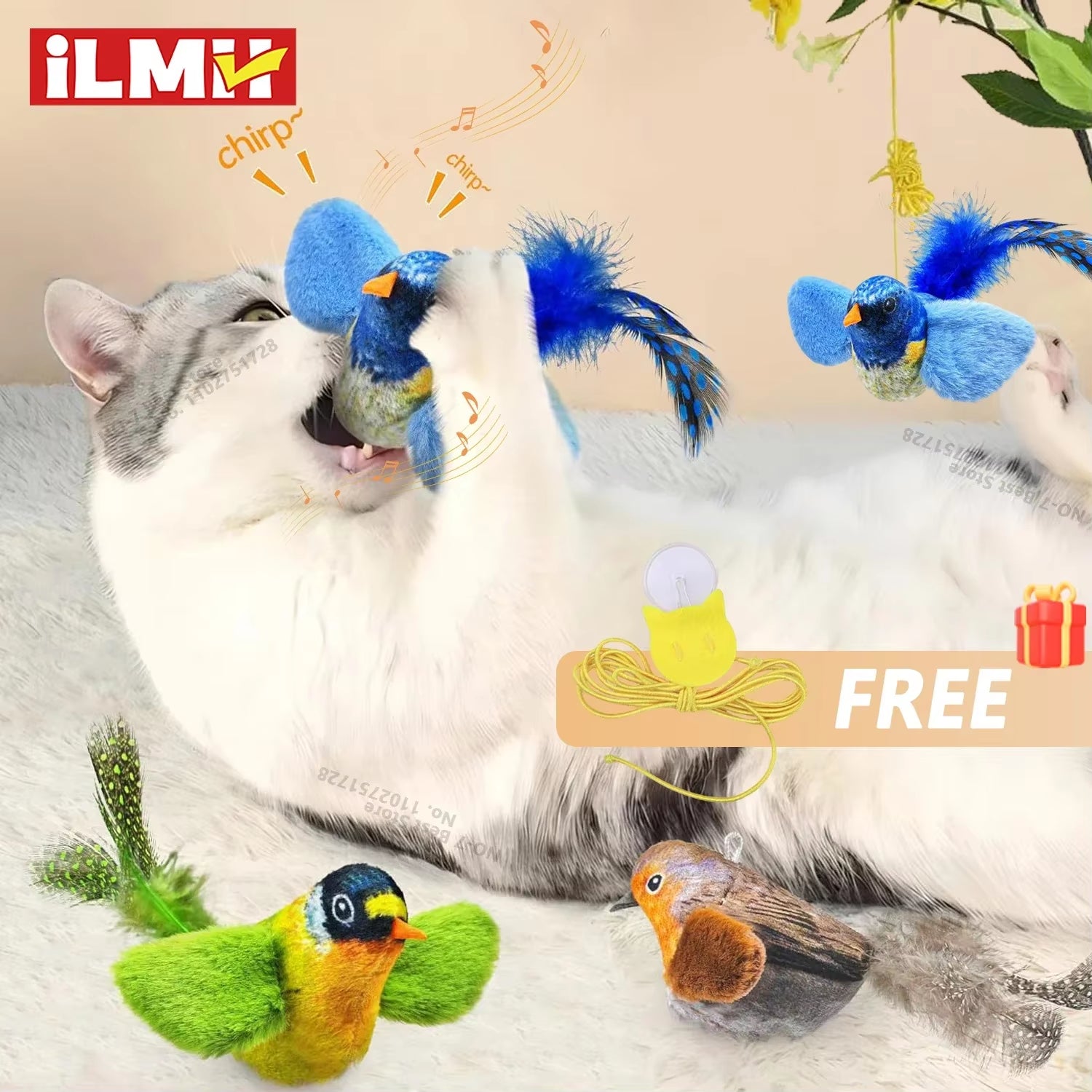 Purely Pawsome™ blue chirping bird toy shown in action with a cat, featuring motion-activated realistic bird sounds.