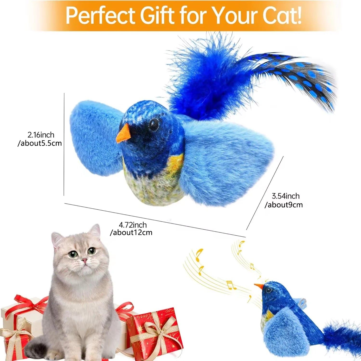 Size dimensions for the blue Purely Pawsome™ chirping bird toy with 4.72 inch wingspan—perfect gift for indoor cats.