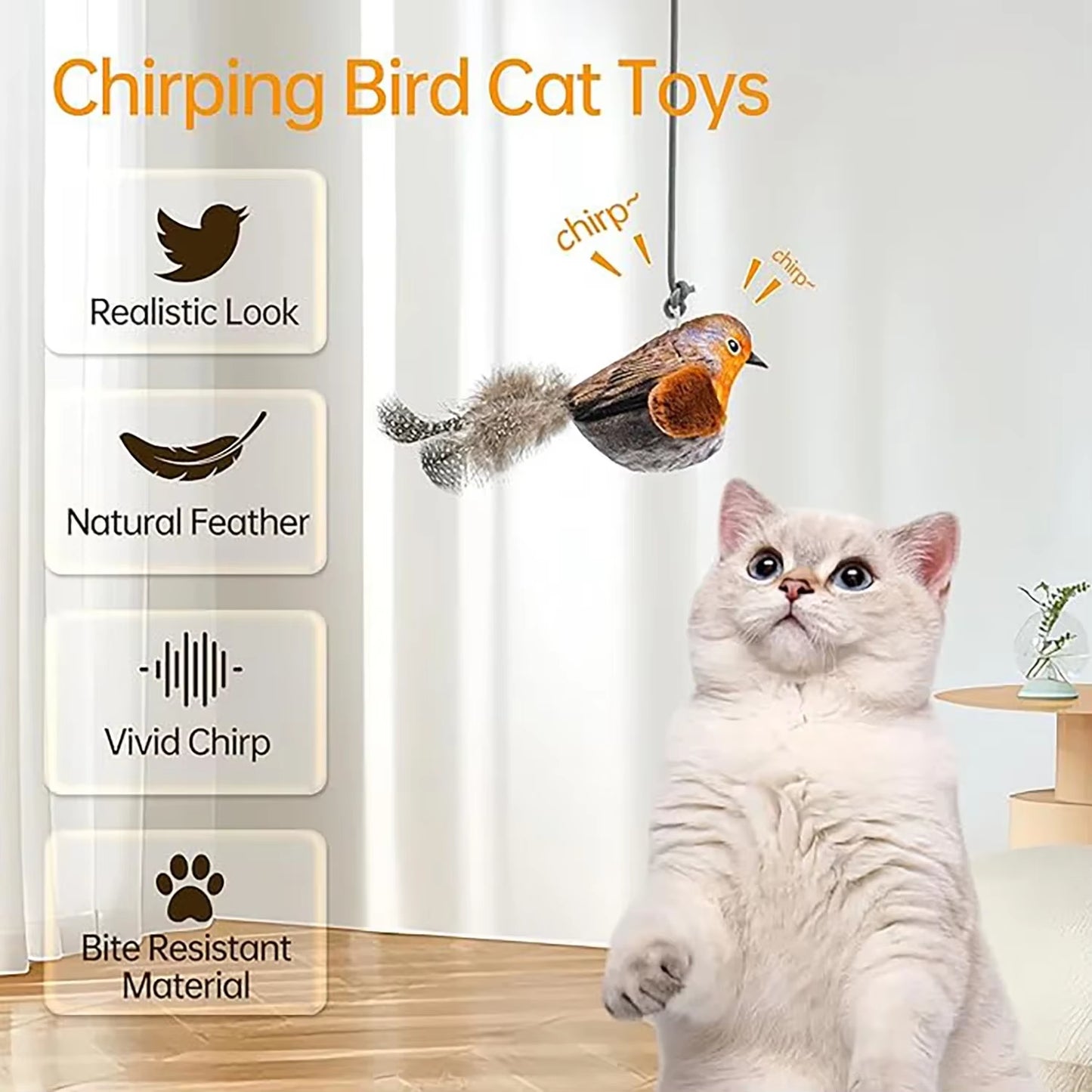 cat-toy-natural-feathers	Purely Pawsome™ brown robin-style chirping bird toy featuring natural feathers and bite-resistant materials for durability.