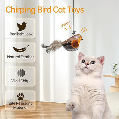 cat-toy-natural-feathers	Purely Pawsome™ brown robin-style chirping bird toy featuring natural feathers and bite-resistant materials for durability.