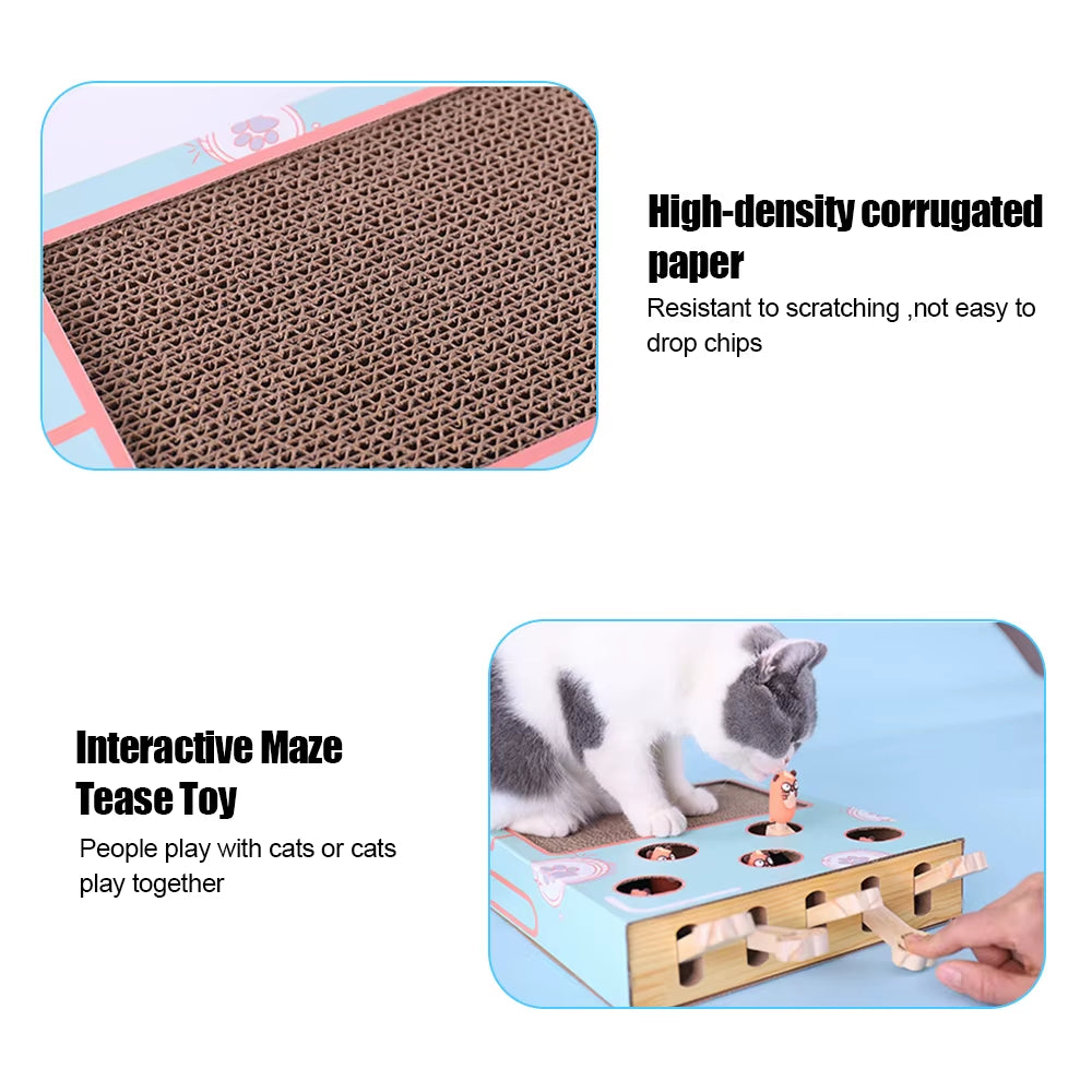 Close-up of the Purely Pawsome™ Cat Maze Game Box showing high-density corrugated paper scratcher and human-interactive toggle levers.