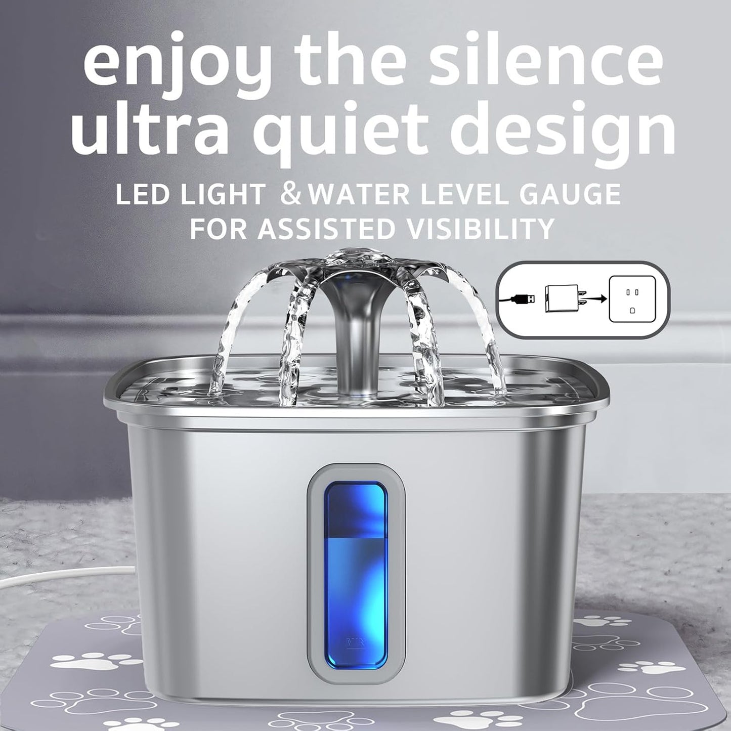 Automatic Stainless Steel Cat Water Fountain, 3.2L Large Dog Water Dispenser, 108oz Quiet Pet Fountain with Silicone Mat and 3 Replacement Filters