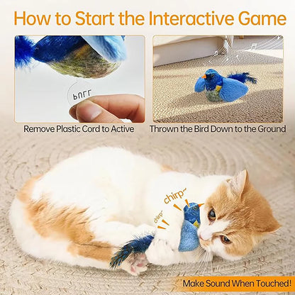 Step-by-step instructions for the Purely Pawsome™ interactive bird toy – Remove plastic cord and touch to activate realistic chirping sounds.