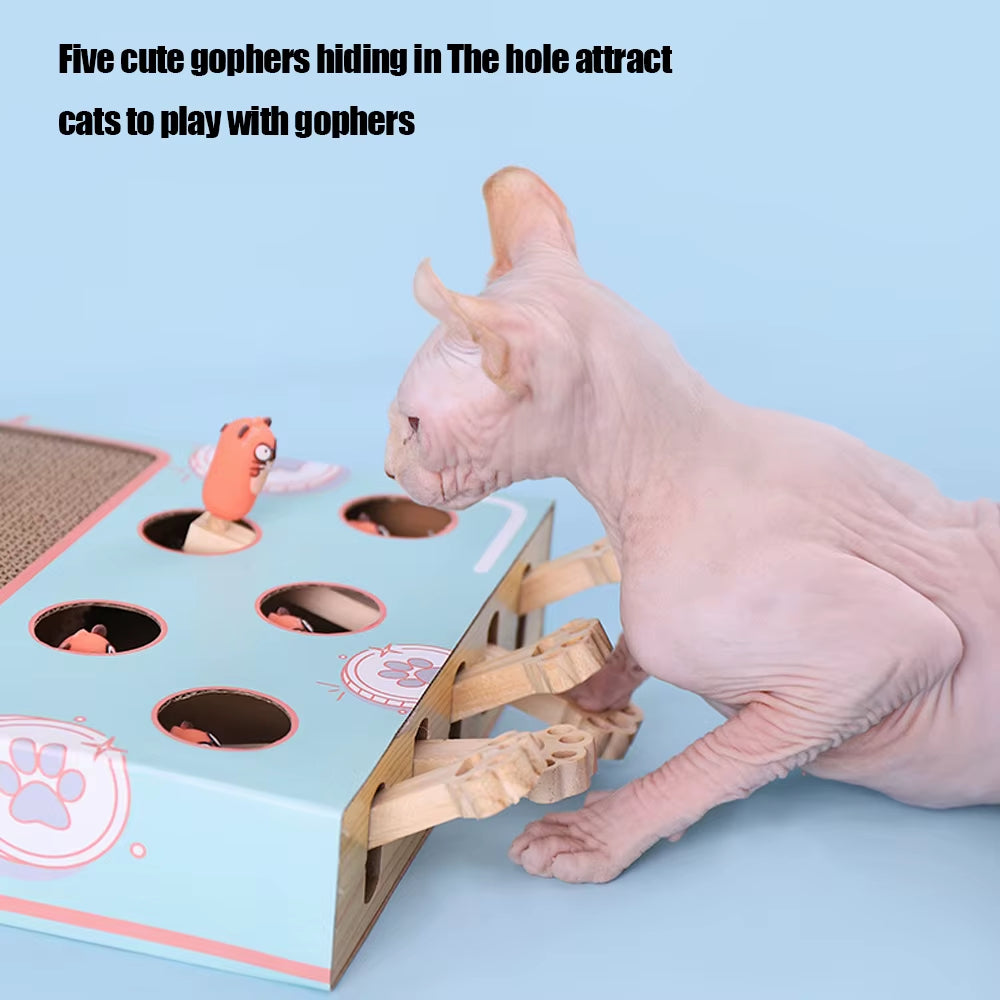Sphynx cat playing with the Purely Pawsome™ Maze Game Box – An interactive wooden toy featuring five pop-up gopher characters to trigger hunting instincts.