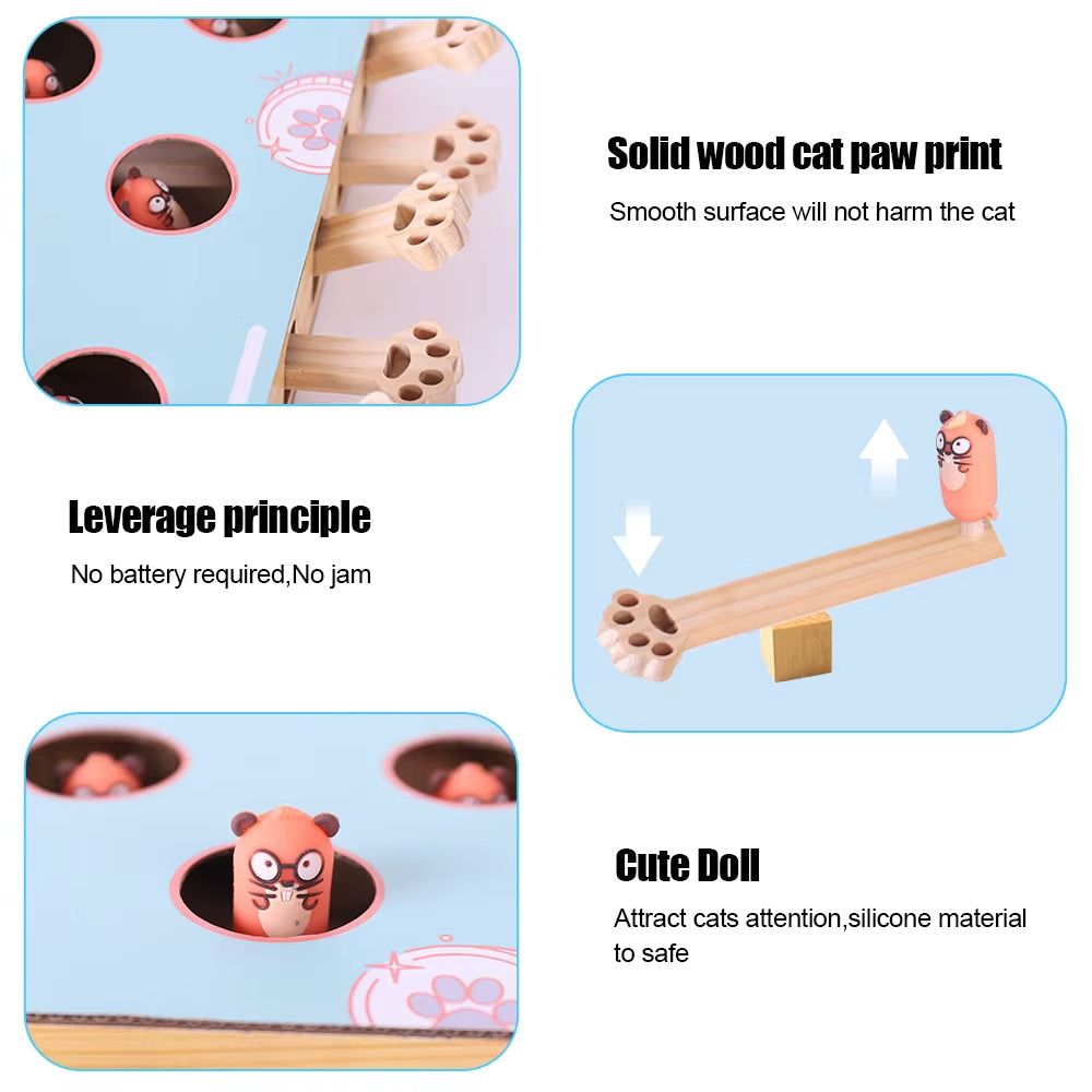Detailed features of the Purely Pawsome™ Cat Maze Game Box, highlighting the safe solid wood paw-print levers, battery-free leverage mechanics, and durable silicone toy figures.