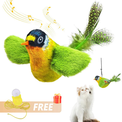 Purely Pawsome™ green interactive chirping bird cat toy featuring realistic feathers, sound-activated sensors, and an attached hanging cord with a suction cup for window play.