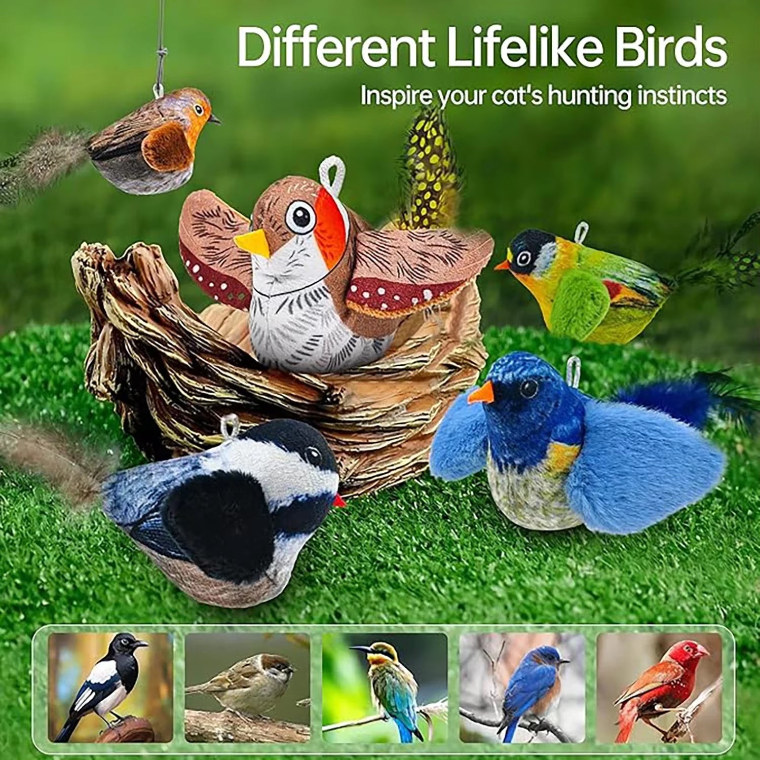 A variety of realistic Purely Pawsome™ chirping bird toys in blue, green, and brown to inspire natural hunting instincts.
