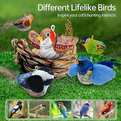 A variety of realistic Purely Pawsome™ chirping bird toys in blue, green, and brown to inspire natural hunting instincts.