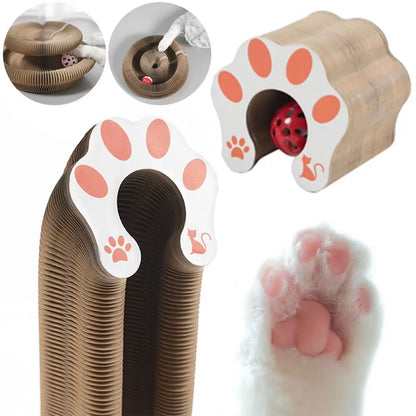 A collage showcasing the versatility of the Pawsome-Flex™ Magic Accordion Scratcher & Toy, highlighting various foldable shapes including tunnels and tracks with a close-up of a soft cat paw.