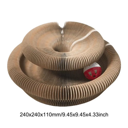 Dimensions and size chart for the Pawsome-Flex™ Magic Accordion Scratcher and Interactive Ball Track Toy.