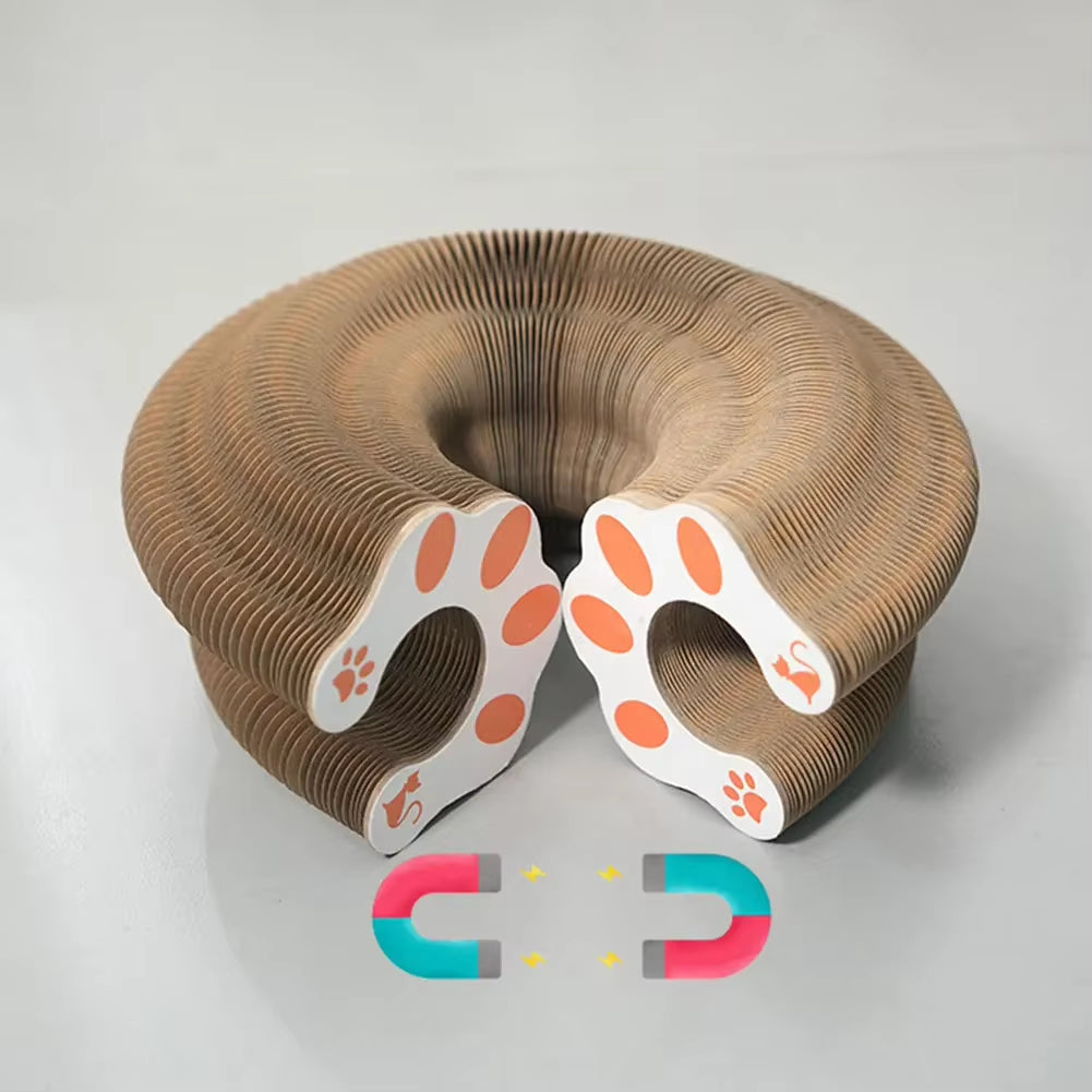 A close-up view of the Pawsome-Flex™ Magic Accordion Scratcher and Toy highlighting the powerful magnetic connectors and the decorative cat paw pattern on the connecting ends.