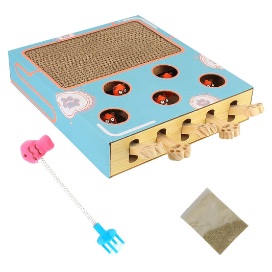 Purely Pawsome™ Interactive Wooden Cat Maze Game Box featuring a built-in cardboard scratcher, spring-loaded plush toy, and catnip for mental stimulation.
