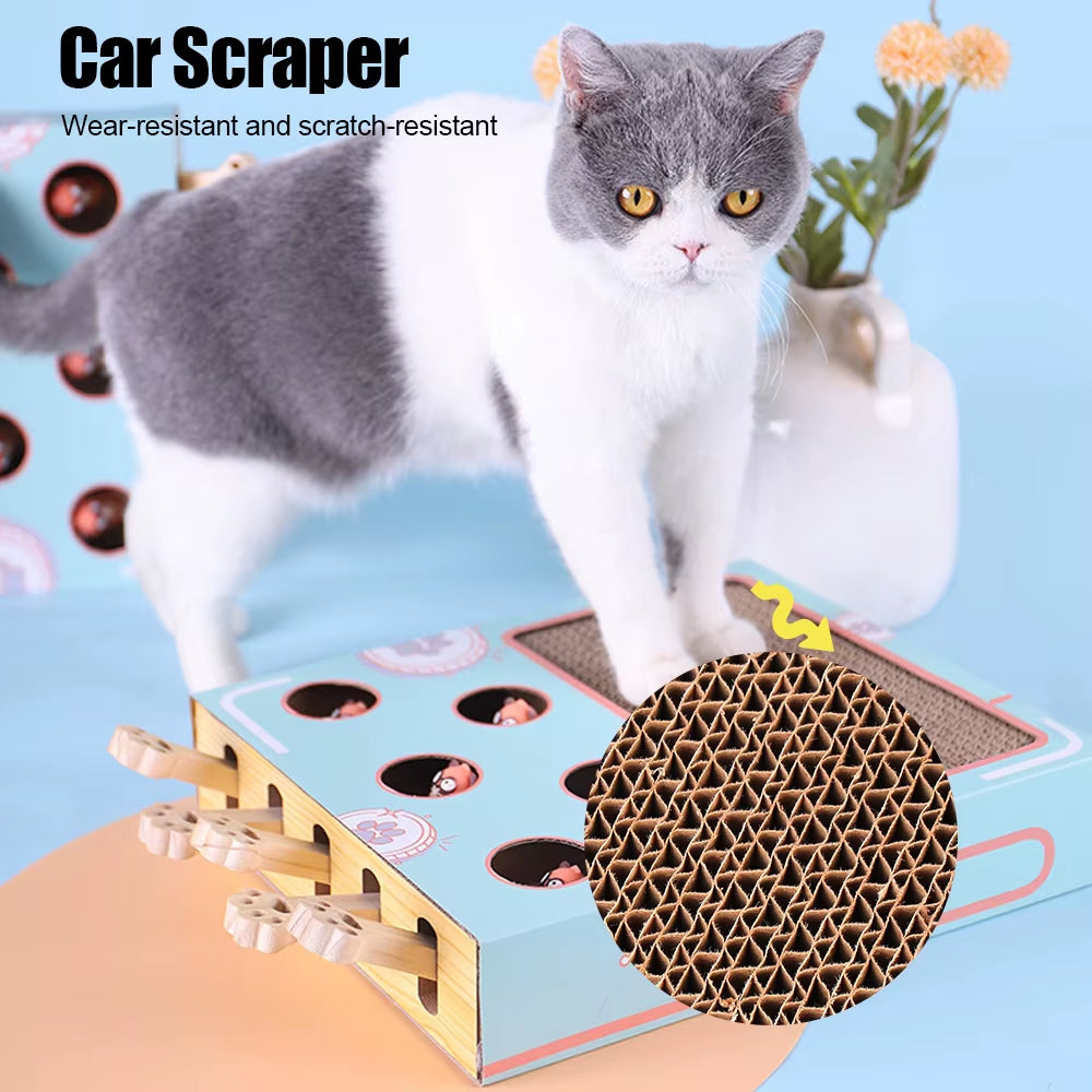 A grey and white cat standing on the Purely Pawsome™ Maze Game Box, featuring a close-up of the wear-resistant and scratch-resistant corrugated cardboard surface.